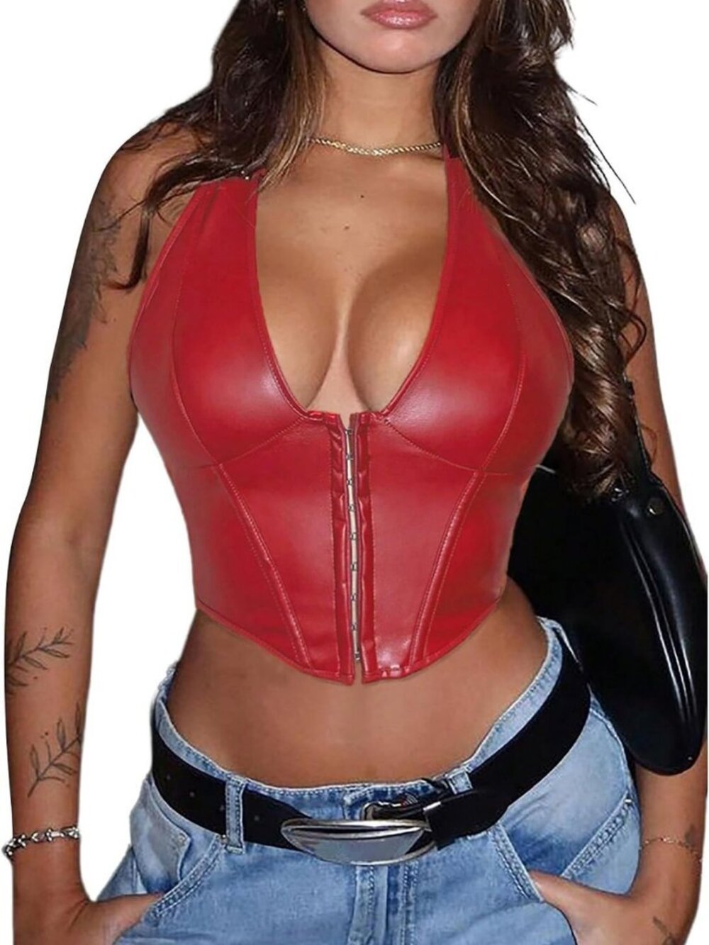 Trendy Y2K PU Leather Halter Neck Crop Top for Women - Stylish & Chic Fashion